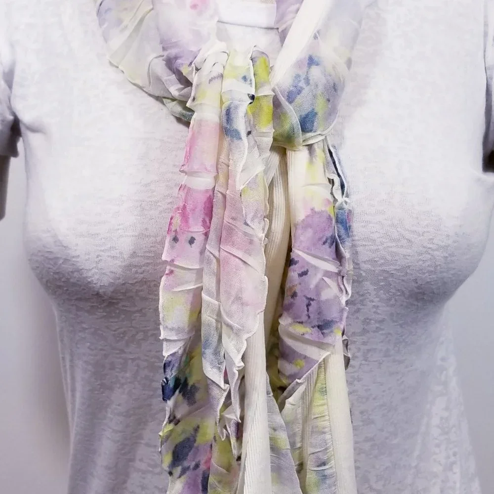 Purple Green Cream Floral Flutter Scarf Lightweight Women Accessory Multiwear